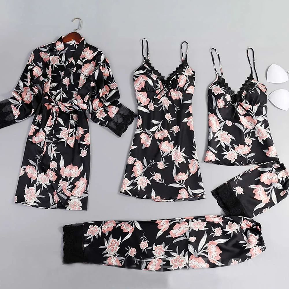 5pcs Set Black Женское сексуальное ночное кимоно с цветочным рисунком, атласное шелковое Ночное платье, халат, комплект для отдыха, нижнее белье, ночная рубашка, пижама - Цвет: 5pcs Set Black