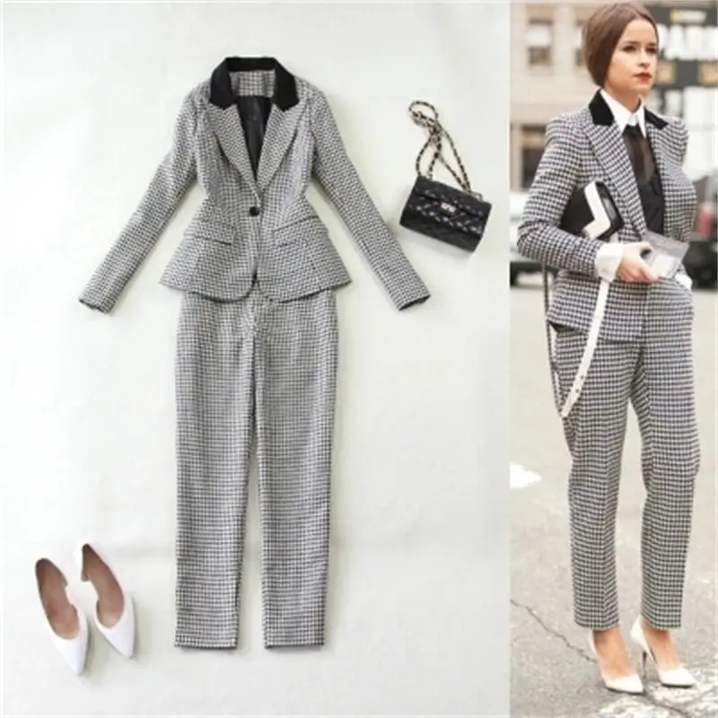 

Fashion plaid suit suit female large size autumn/spring New Slim plaid small suit +9 points feet pants Two-piece suit women