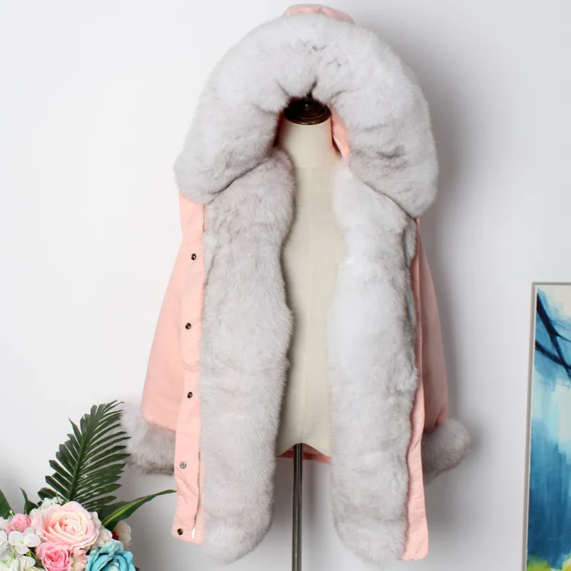 pink grey OFTBUY, Длинные парки, зимняя куртка, Женская парка с натуральным мехом, с подкладкой из натурального Лисьего меха, пуховое пальто, Двусторонняя одежда, уличная одежда, новинка - Цвет: pink grey