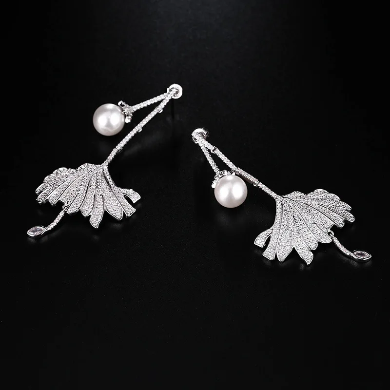 SINZRY, элегантные серьги в виде листьев из белого кубического циркония, CZ, блестящая имитация жемчуга, свадебные висячие серьги, вечерние ювелирные изделия