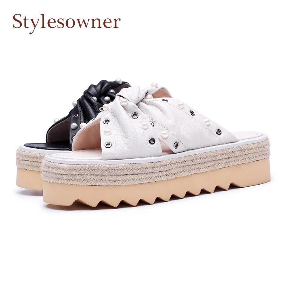 Stylesowner черный белый жемчуг matel кольцо натуральная кожа Летние шлепки на плоской