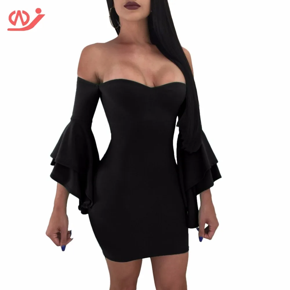 Для женщин Off Shoulder Bell Sleeve рюшами Bodycon Платья вечерние платье миди | Женская одежда