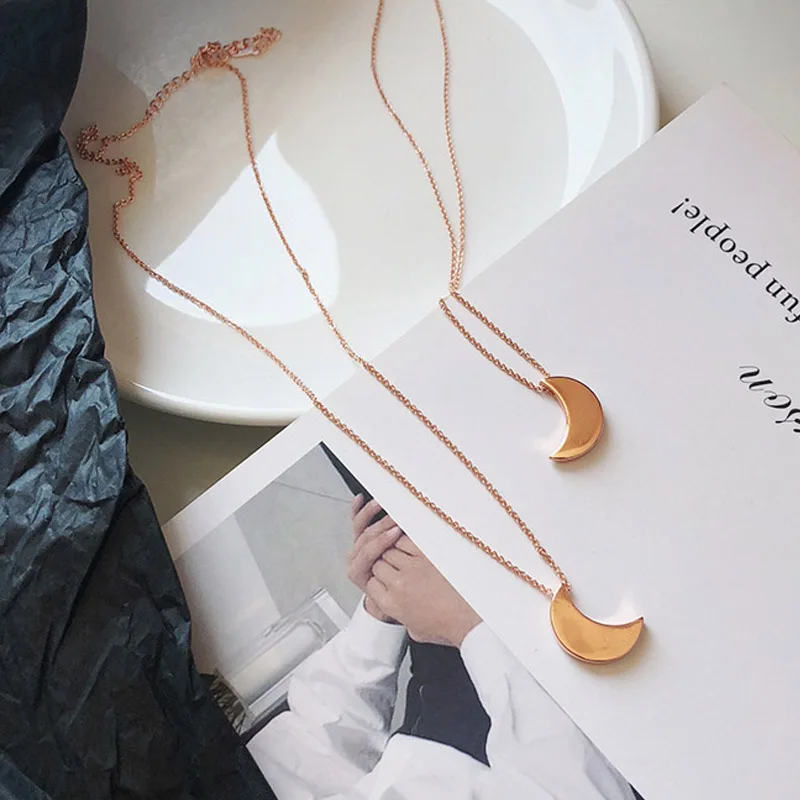 Luxury Simple Sweet Cute Rose Gold Coated Solid Moon Pendant Choker Necklace for Women Girls Wedding Party Charm Jewelry | Украшения и