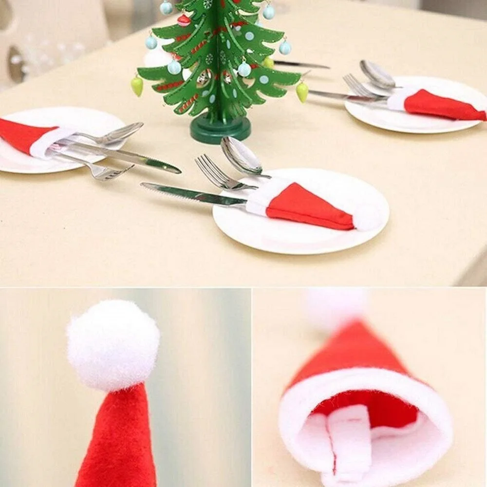 New Year 10PCS Christmas Hat Silverware Holder Xmas Mini Red Santa Claus Cutlery Bag Party Decor | Дом и сад