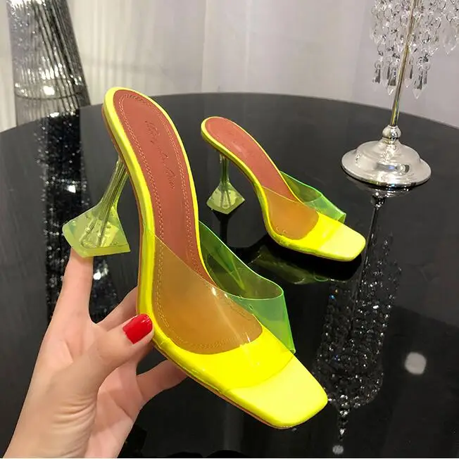 lime yellow 9cm Vienantin/Элегантные замшевые черные туфли без задника на высоком каблуке; пикантные вечерние туфли с открытым носком; женские туфли с квадратным носом и каблуком-чашкой - Цвет: lime yellow 9cm