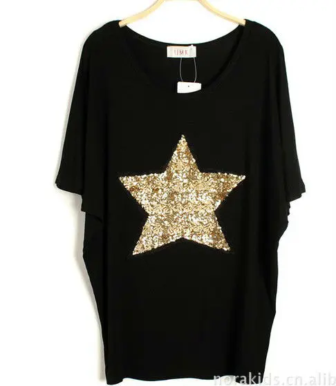 Cotton T Shirt Fashiong Sparkling Star Loose Round Neck shirt 2013 New Black and White | Женская одежда