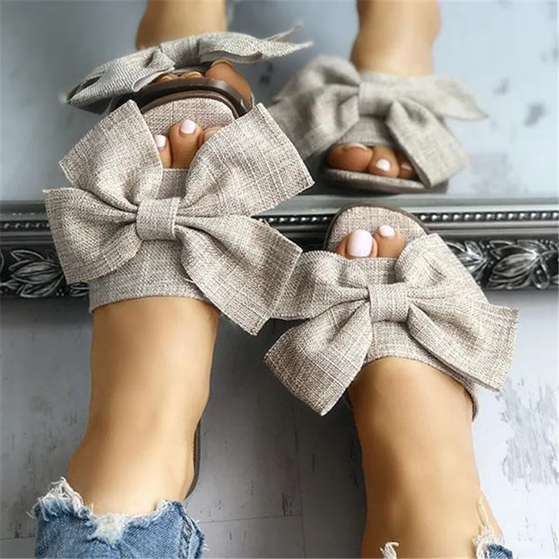2019 женские летние пляжные шлепанцы дышащие льняные Вьетнамки с большим бантом