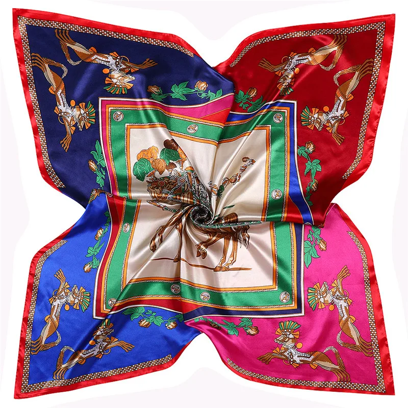 POBING Luxury Horse Print Hijab Women Satin Silk Scarf Shawl Foulard Femme Square Head Scarves Wraps 90*90CM |