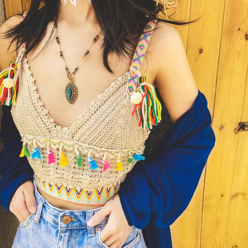 Женский укороченный топ в стиле бохо ручной работы Вязаный с бахромой вязаный