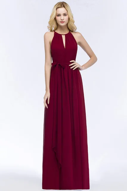Burgundy vestido de festa, шифоновые Бордовые Платья для подружки невесты с лямкой на шее, недорогие вечерние платья для свадьбы - Цвет: Burgundy
