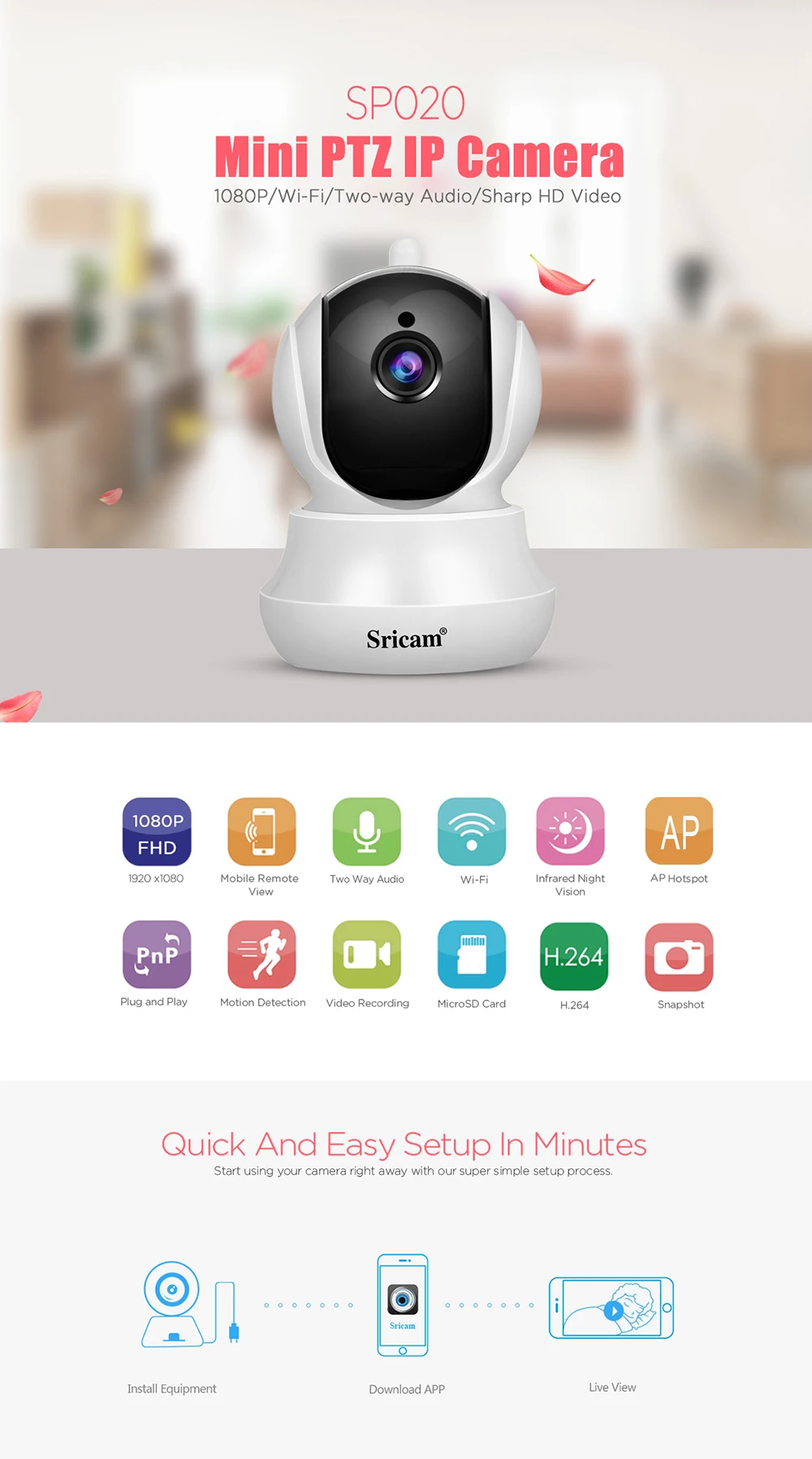 Sricam SP020 1080P IP камера наблюдения для помещений с автоматическим отслеживанием умный дом камера с ИК ночного видения монитор обнаружения
