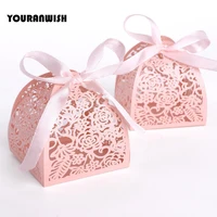 new 50pcslot ribbon pyramid laser cut wedding favor candy gift chocolate box white pink
