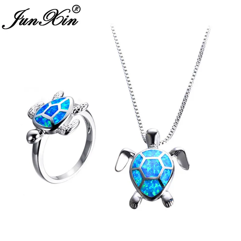 Комплект из колье и кольца с голубым огненным опалом | Украшения аксессуары