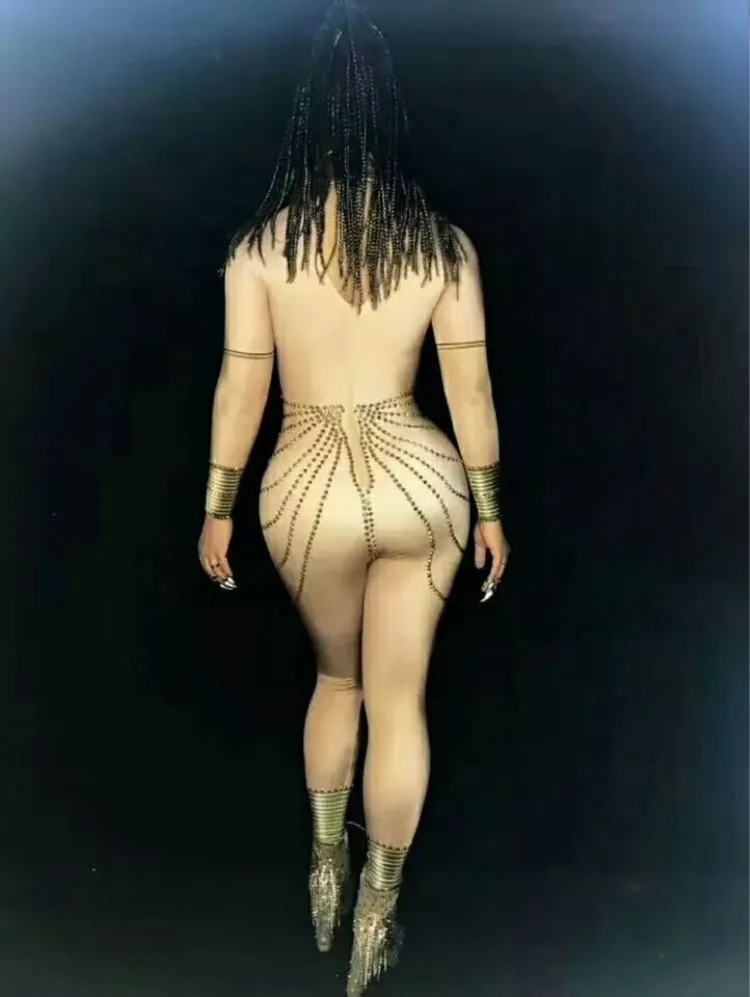 Сексуальный Блестящий Комбинезон со стразами Женский Золотой комбинезон