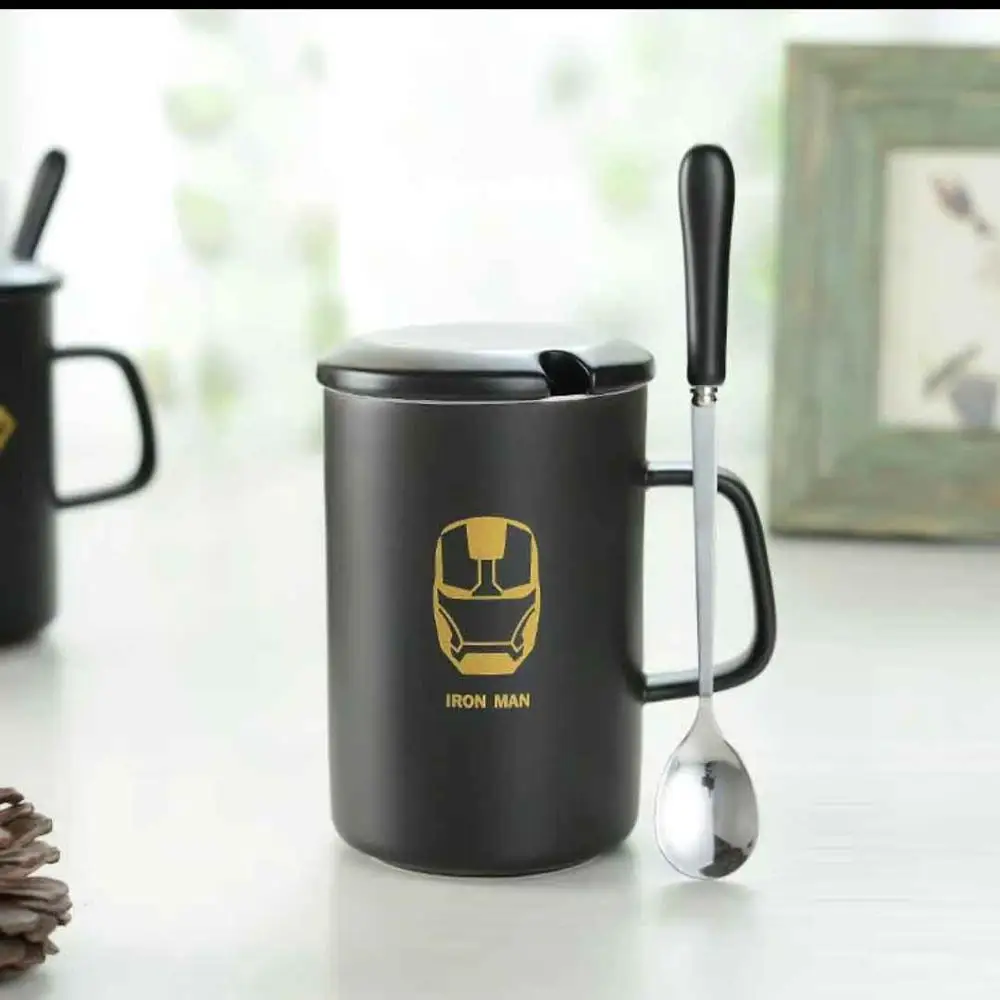 Iron man Супергерой керамическая кружка Бэтмен Капитан Супермен железный человек паук чашки с крышкой Ложка кофейные кружки практичный подарок - Цвет: Iron man