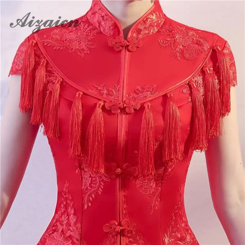 

Red Tassel Long Cheongsam Dresses Oriental Style Bride Marry Vintage Gown Qi Pao Women Chinese Wedding Dress Qipao Robe Rouge