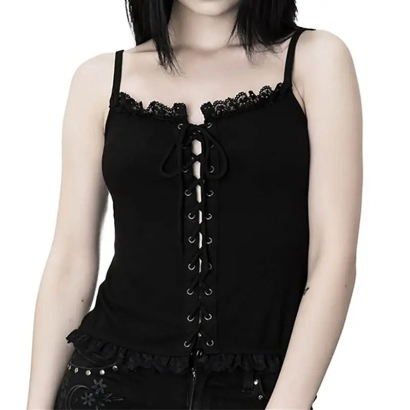 Готический женский летний сексуальный клуб Черный Топ Тонкий Хлопок Спагетти