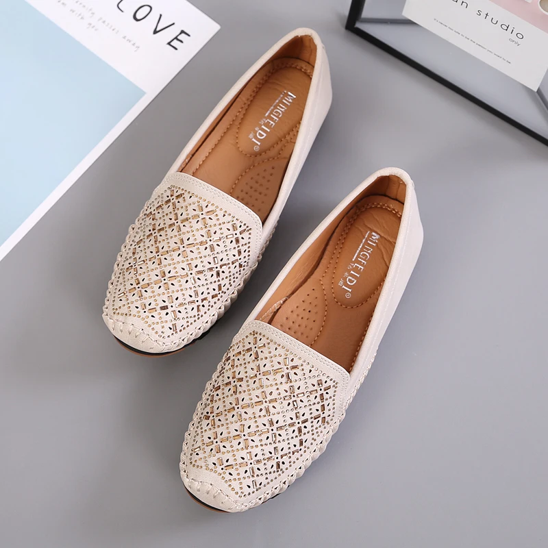 Fletiter Flats shoes women String Bead Loafers Leather Ballerina ballet flat Round toe ladies Autumn fashion shoe Brand big size - Color: Black 1