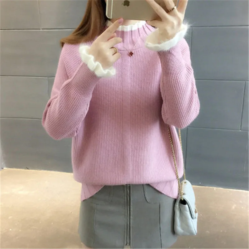 Вязаный Топ с длинным рукавом свитер женский зимний пуловер высоким воротом