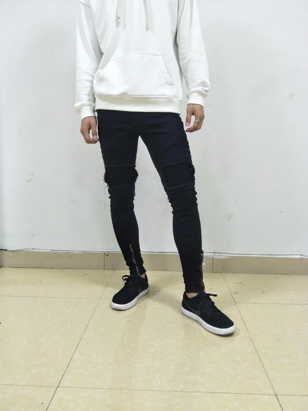 2017 Модные Узкие однотонные мужские рваные байкерские джинсы на молнии с