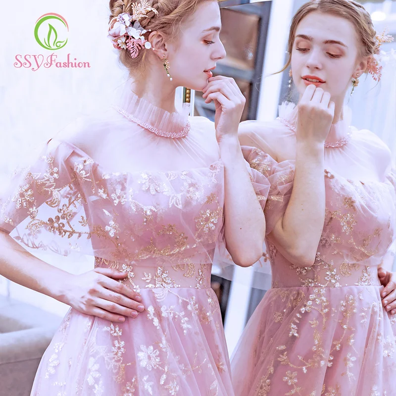 

SSYfashion High Neck Half Sleeves Lace Up Back Floor-Length Tulle Pink Long Evening Dresses Custom Special Occasion Dresses