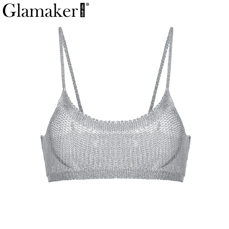 Женский топ на бретельках Glamaker золотисто металлический Вязаный блестящий