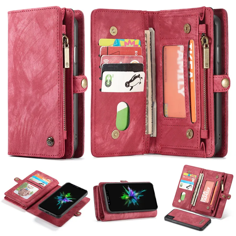 

Роскошный многофункциональный кожаный флип-чехол на молнии для iPhone XS Max XR XS X, съемный магнитный чехол на заднюю панель, чехлы-бумажники, сумк...