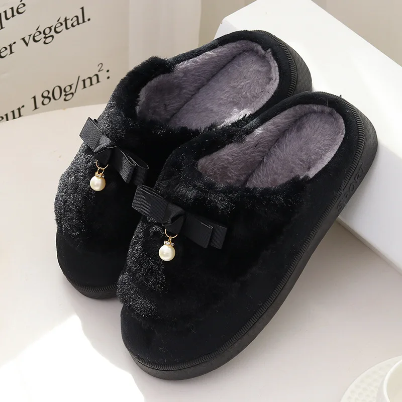 Дамы бабочка узел жемчужина домашние тапочки осень и теплая хлопковая обувь на