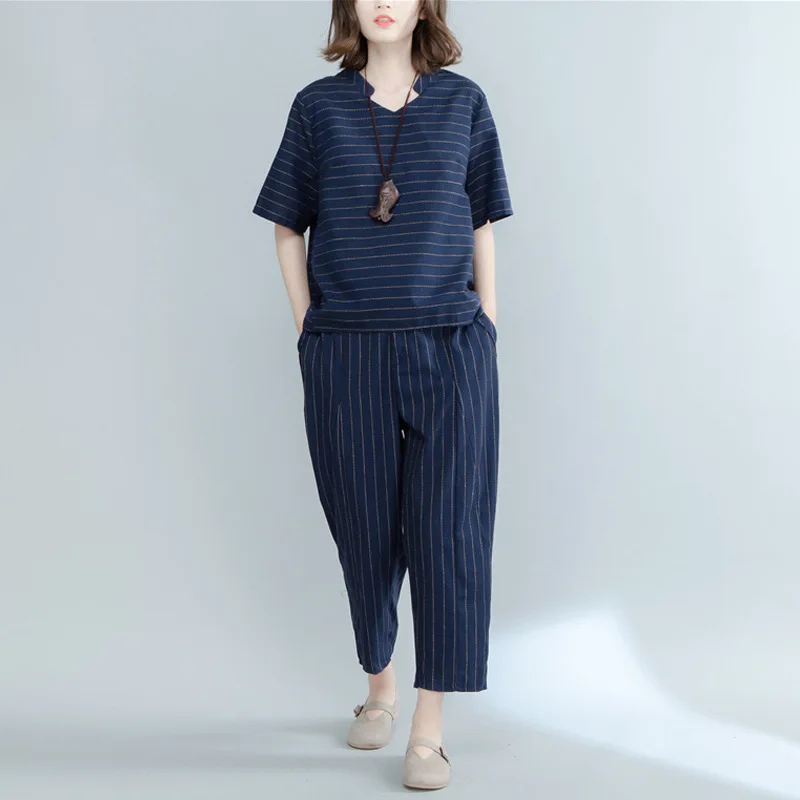 2018 Summer cotton-blend striped women's suits plus XL 2XL size cotton T-shirt and ankle-length pants summer set | Женская одежда