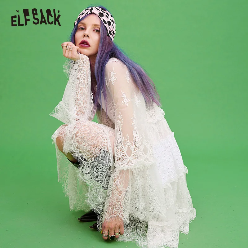 Женское кружевное платье ELFSACK белое Элегантное повседневное шифоновое с v