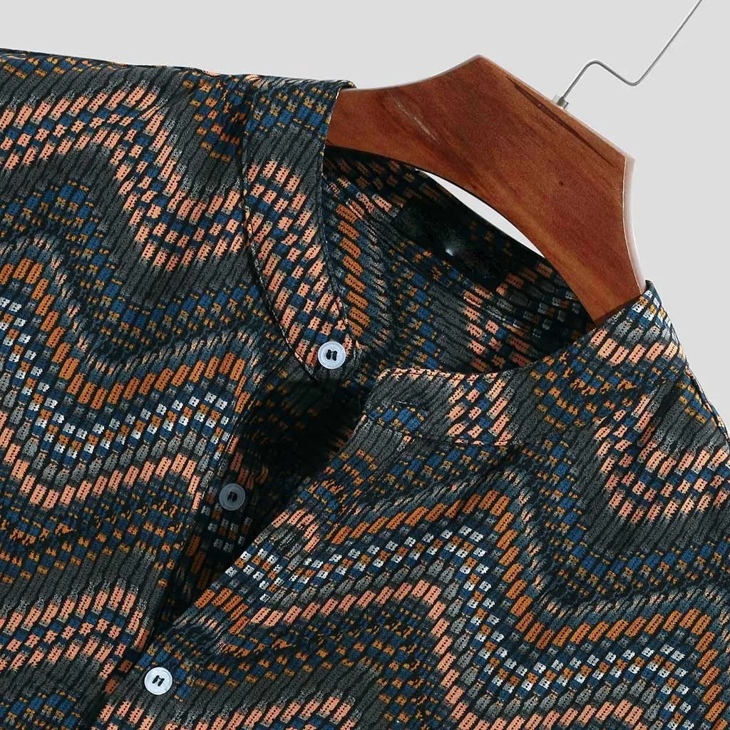 Men's Clothing Vintage Ethnic Printed Turn Down Collar Short Printed Fashion Stand Collar Short Sleeve Loose Shirts Blouse