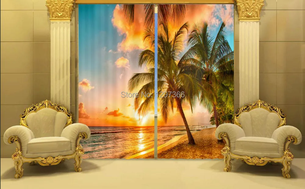 Закат пляж кокосовые пальмы пейзаж 3 d печать 100% Затенение ткани для штор | Дом и