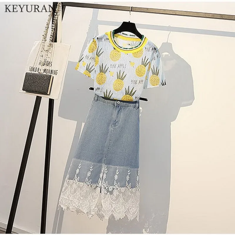 XL 5XL плюс Размеры Для женщин юбка из двух частей Комплект одежды 2019 летние ананас