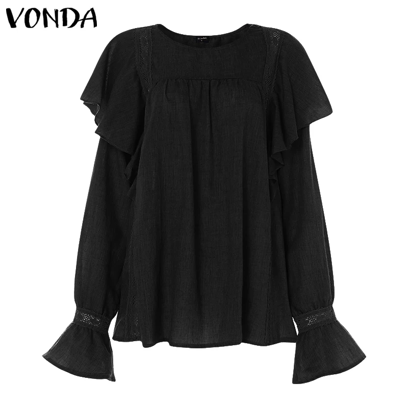 VONDA/хлопковые топы с рукавами-колокольчиками, сексуальные белые блузки с круглым вырезом, женские повседневные свободные рубашки, белая хлопковая туника для женщин размера плюс S-5XL