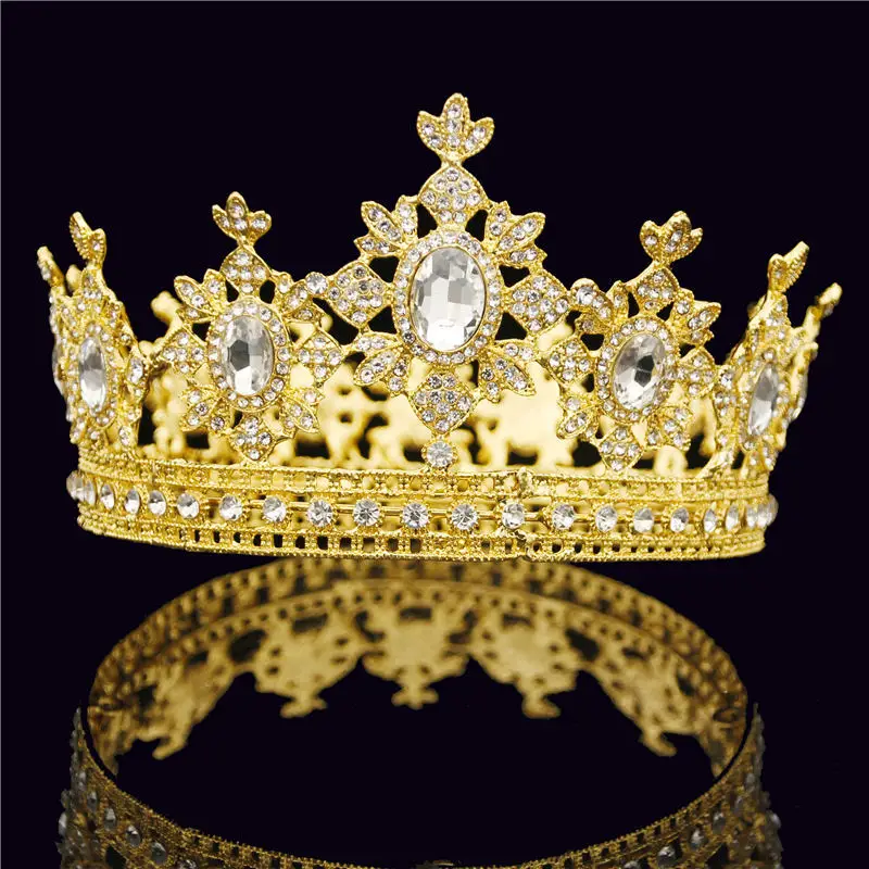 Великолепный Винтаж барокко золото queen King тиара Корона для невесты свадебные украшения для волос металл синий кристалл круглый диадема украшения