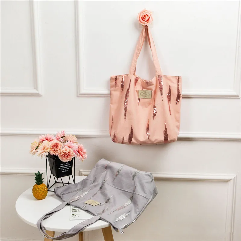 

New Sequin Embroidery Korean Style Girsl Canvas Bag Casual Lace Shoulder Bag Large Capacity Shopping Bag Ladies Hand Bags