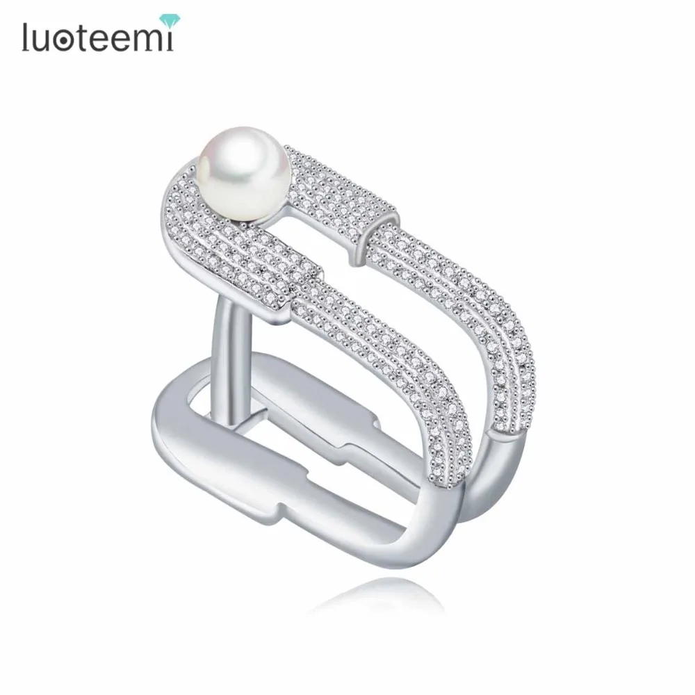 LUOTEEMI New Unique Fashion Bague Femme Shining Tiny CZ Paved Imitation Pearl Square Rings For Women White Gold Color Jewelry|fashion rings for