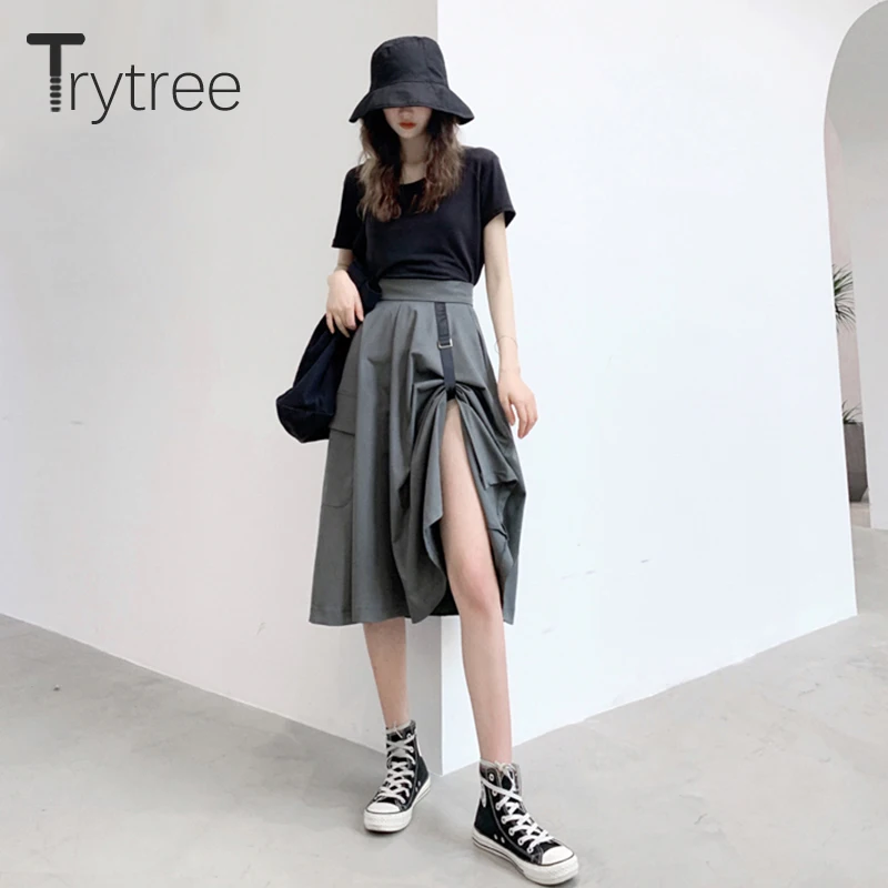 Trytree/Летняя Осенняя повседневная юбка для женщин, полиэстер, высокая талия, стиль сафари, карманы трапециевидной формы, юбка с разрезом по бокам, модные юбки