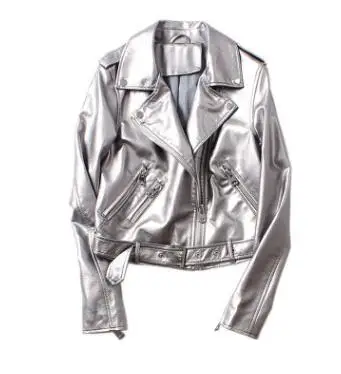 2019 Весенняя Серебряная кожаная куртка для женщин из искусственной кожи с
