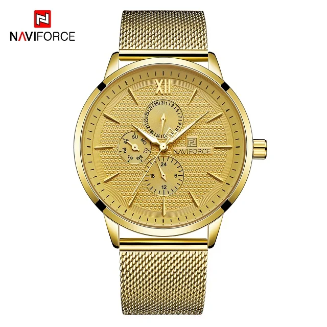Golden NAVIFORCE Топ бренд часы для мужчин Мода ультра тонкий кварцевые наручные часы Роскошные Синие сталь Бизнес водонепроницаемые часы мужские часы - Цвет: Golden