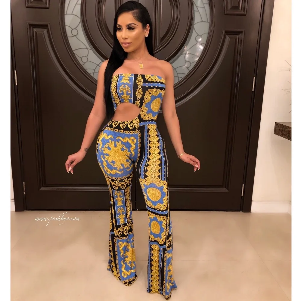 Europe and the United States cross-border strapless retro printing sexy jumpsuits H9534 fashion baby party | Женская одежда