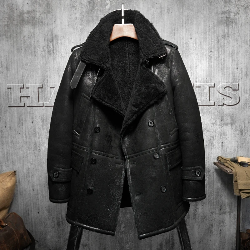 Men's Sheepskin Shearling Coat Black Leather Jacket Long Outerwear ...