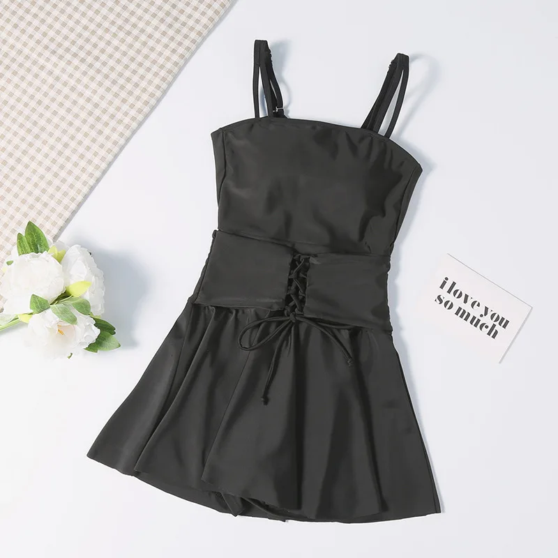 black Цельный купальный костюм для женщин, новинка года, стильная Однотонная юбка, купальный костюм для девочек, красивый купальник для похудения, пляжная одежда - Цвет: black