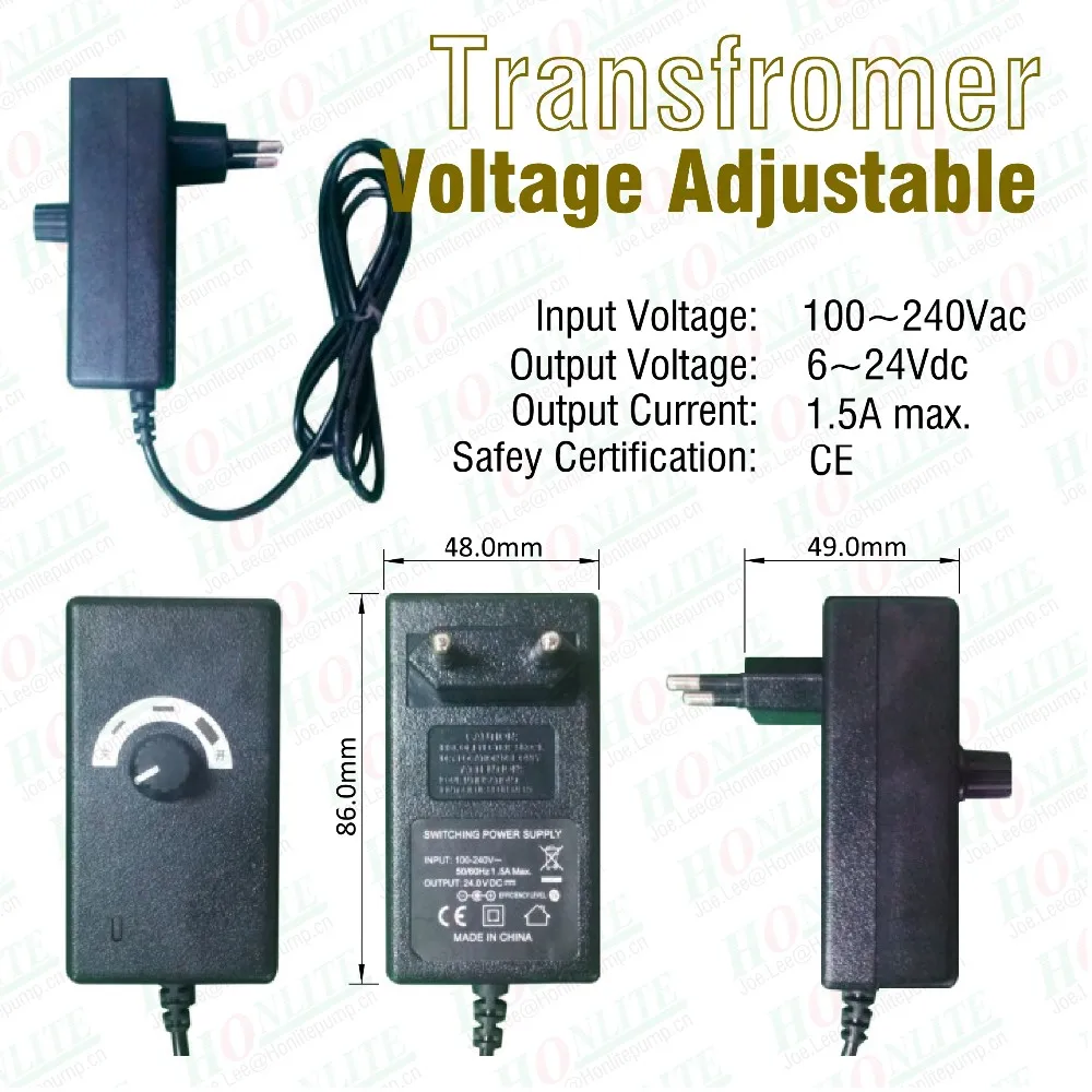 

Adjustable output voltage AC-DC transformer for Honlite peristaltic pump