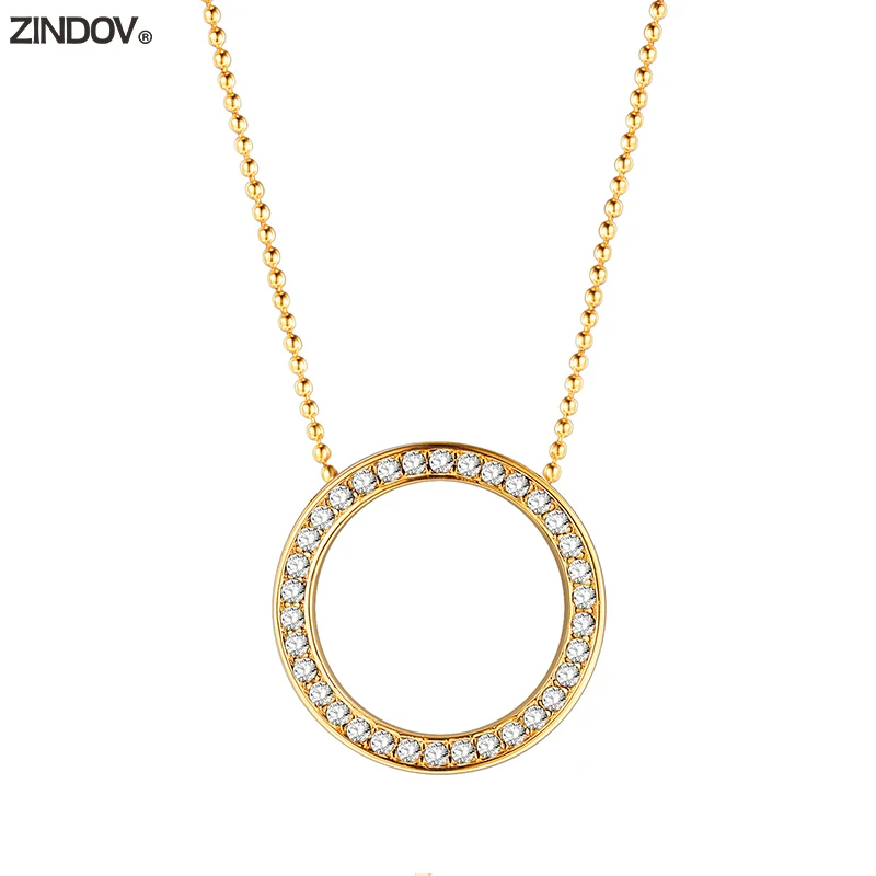

ZINDOV Fashion Jewelry Pendant Necklace Women Stainless Steel Gold-Color Rose Gold Silver Circle Rhinestone Lady Necklaces Gift