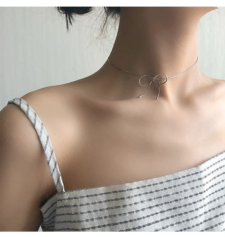 925 пробы серебряные Чокеры ожерелье s для женщин бант розовое золото цвет Корейская Серебряная Посуда минималистичное ожерелье ключицы ювелирные изделия