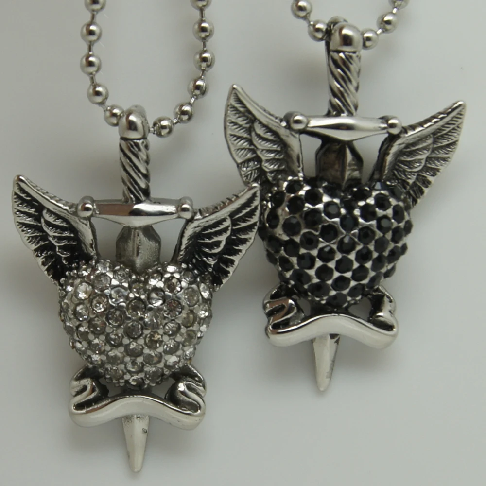 

luxury full paved 46pcs cz stone sword wing heart men/women 316L stainless steel necklaces & pendants free shipping men jewelry