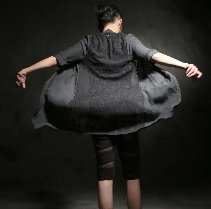 

Summer dress sleeve shirt long paragraph cloak shirt cardigan half sleeve perspective linen thin section nightclub men's clothin