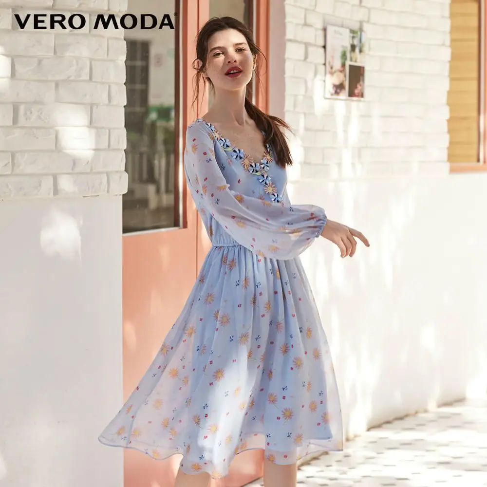 Vero Moda тренд стерео наклейка v-образным вырезом фонарь рукав Высокая талия платье | 31837D505 - Color: Pearly blue