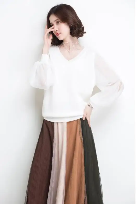 Повседневное шифон полный кружева лоскутное Для женщин футболка Фонари Цвет v